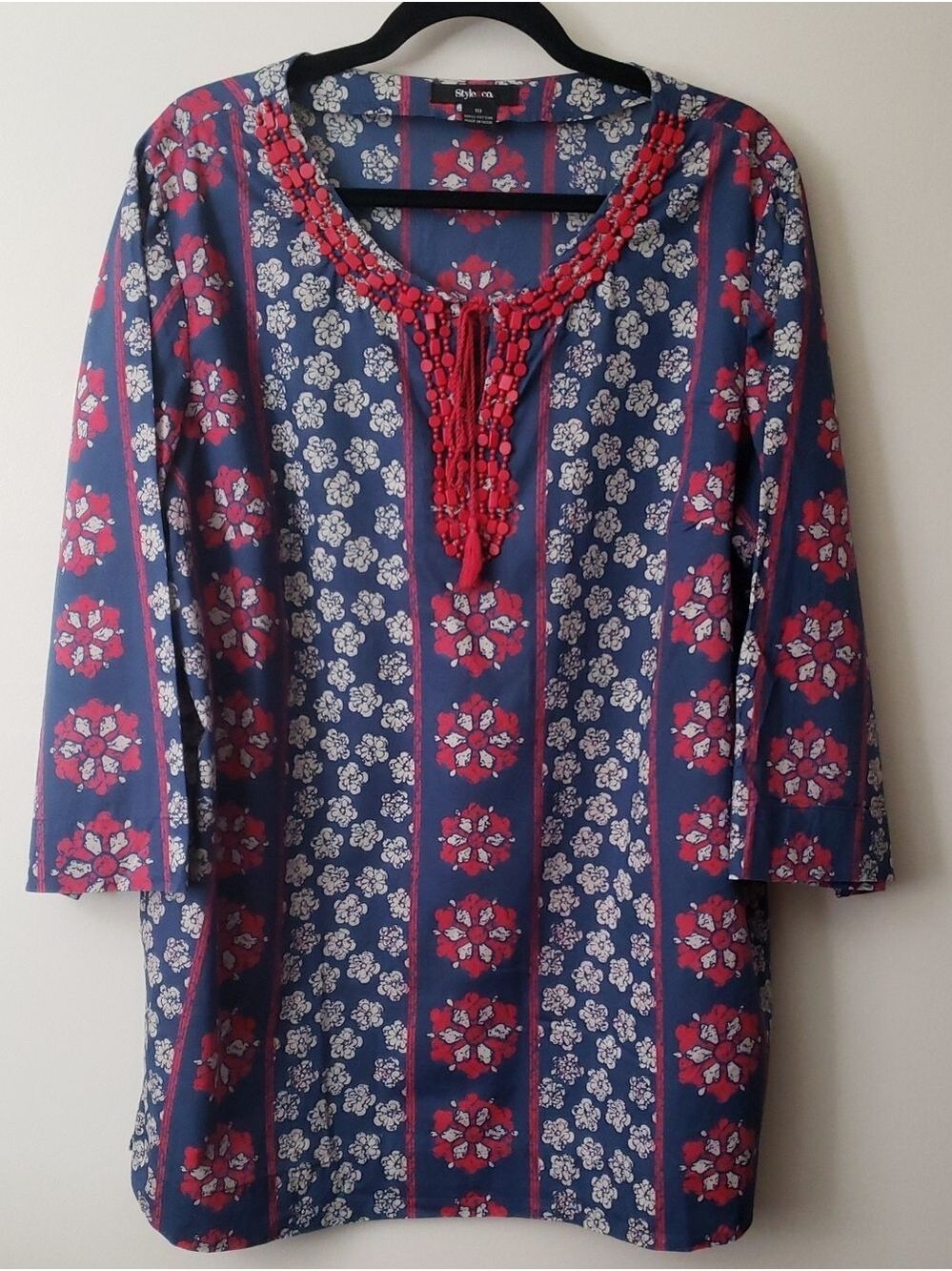Style & Co. Navy and Red Floral Beaded 100% Coton Tunic - 18